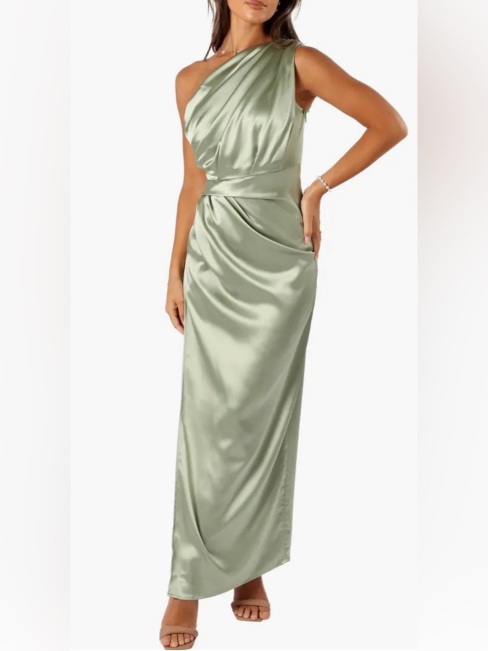 Petal & Pup Naella One-Shoulder Satin maxi Gown in Sage